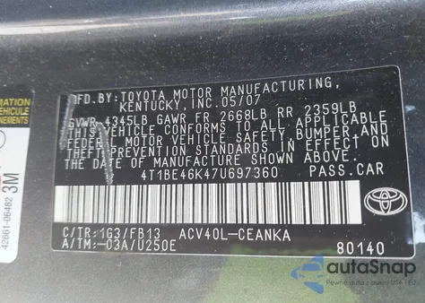 2007 Toyota Camry Le z USA, uszkodzony, nr VIN 4T1BE46K47U697360